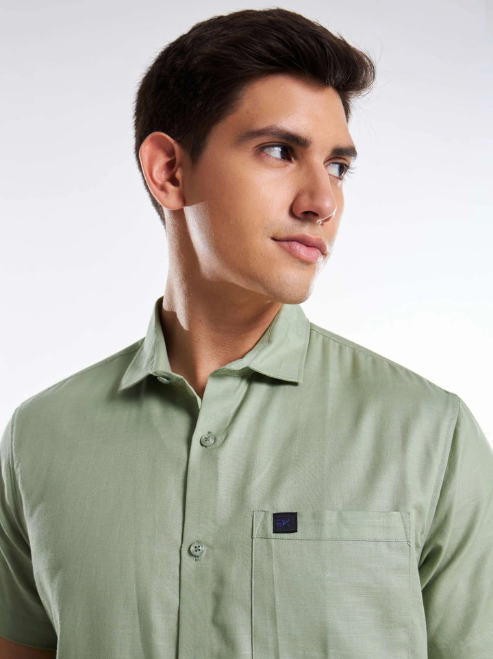 Linen Half Sleeve Classic Collar Shirt - Greenish Grey Mankright