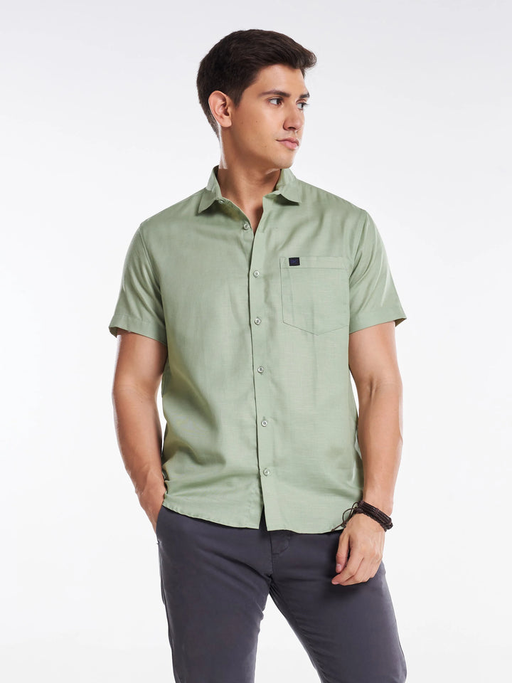 Linen Half Sleeve Classic Collar Shirt - Greenish Grey Mankright