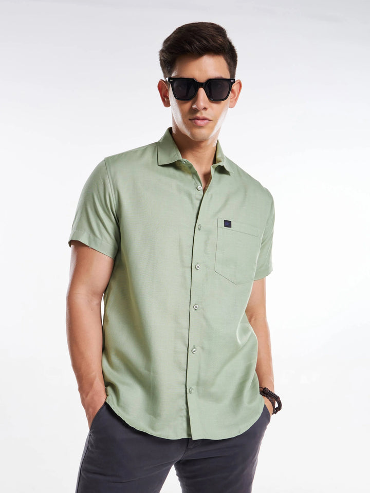 Linen Half Sleeve Classic Collar Shirt - Greenish Grey Mankright