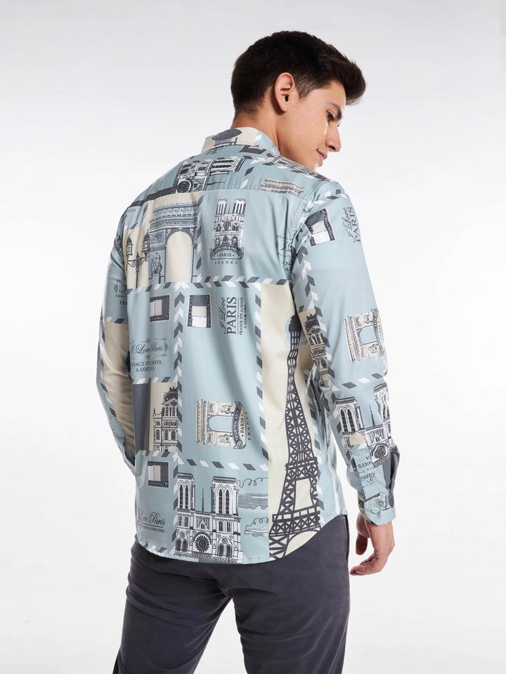 Paris Print Full Sleeve Shirt Light Grey Mankright