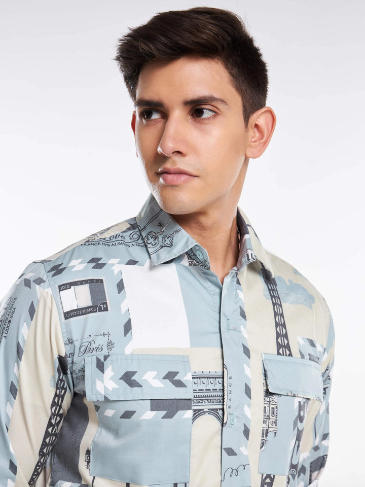 Paris Print Full Sleeve Shirt Light Grey Mankright