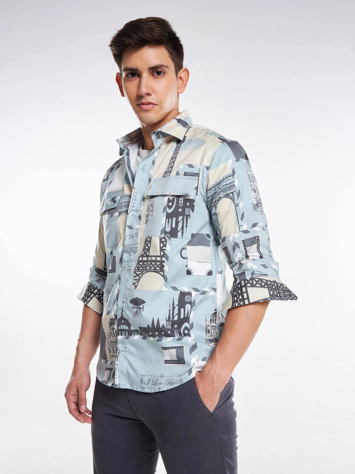 Paris Print Full Sleeve Shirt Light Grey Mankright