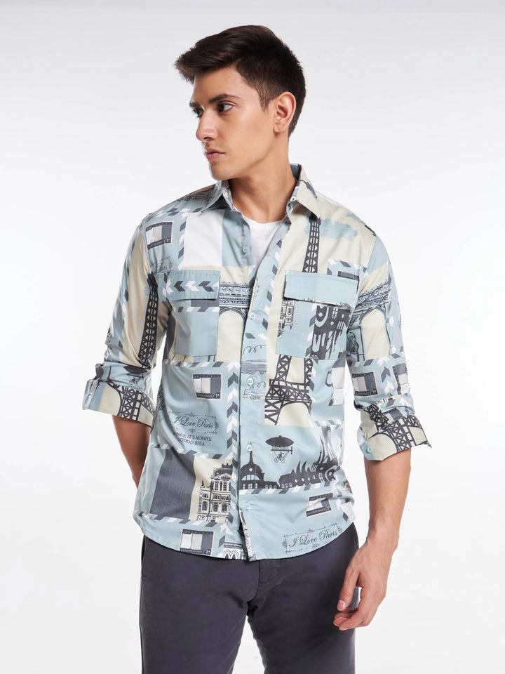 Paris Print Full Sleeve Shirt Light Grey Mankright