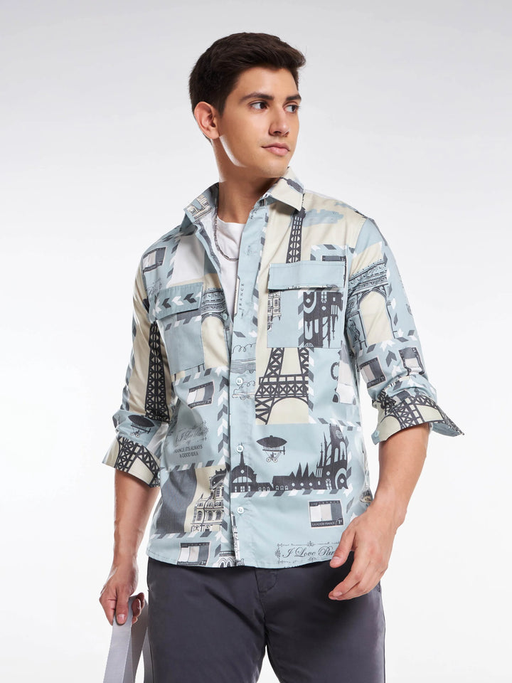 Paris Print Full Sleeve Shirt Light Grey Mankright