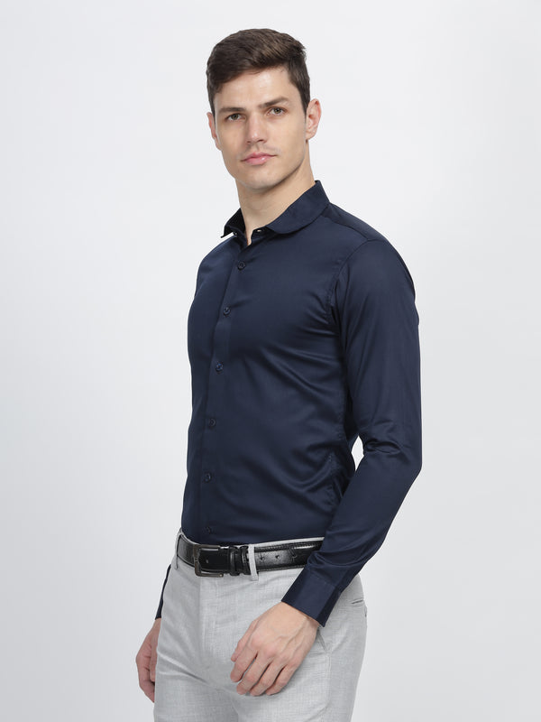 Navy Blue Classic Collar Satin Formal Shirt Mankright