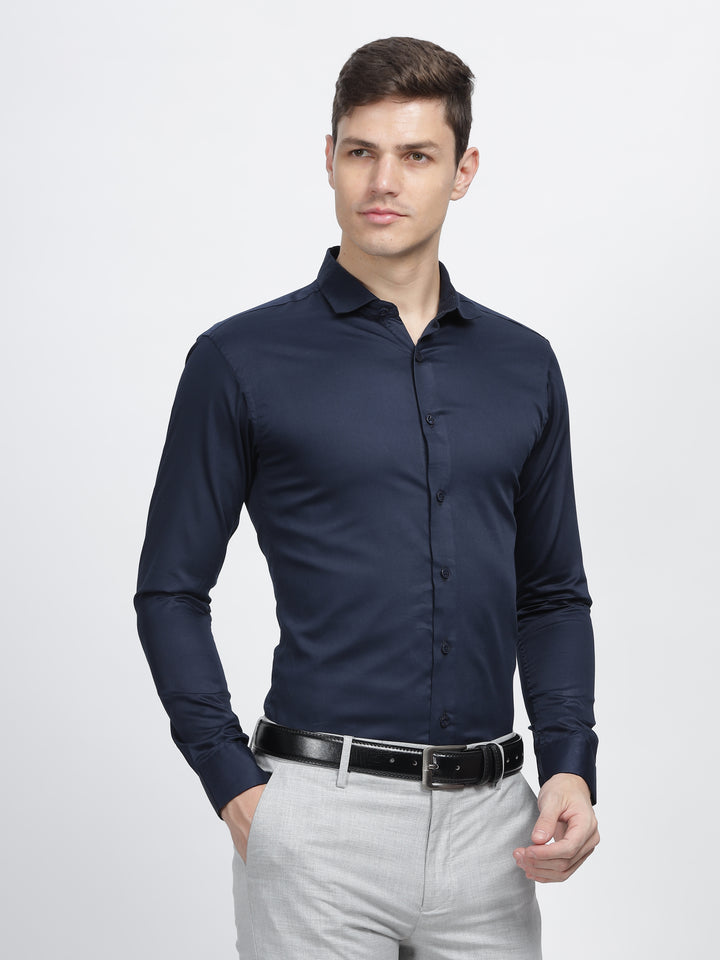 Navy Blue Classic Collar Satin Formal Shirt Mankright