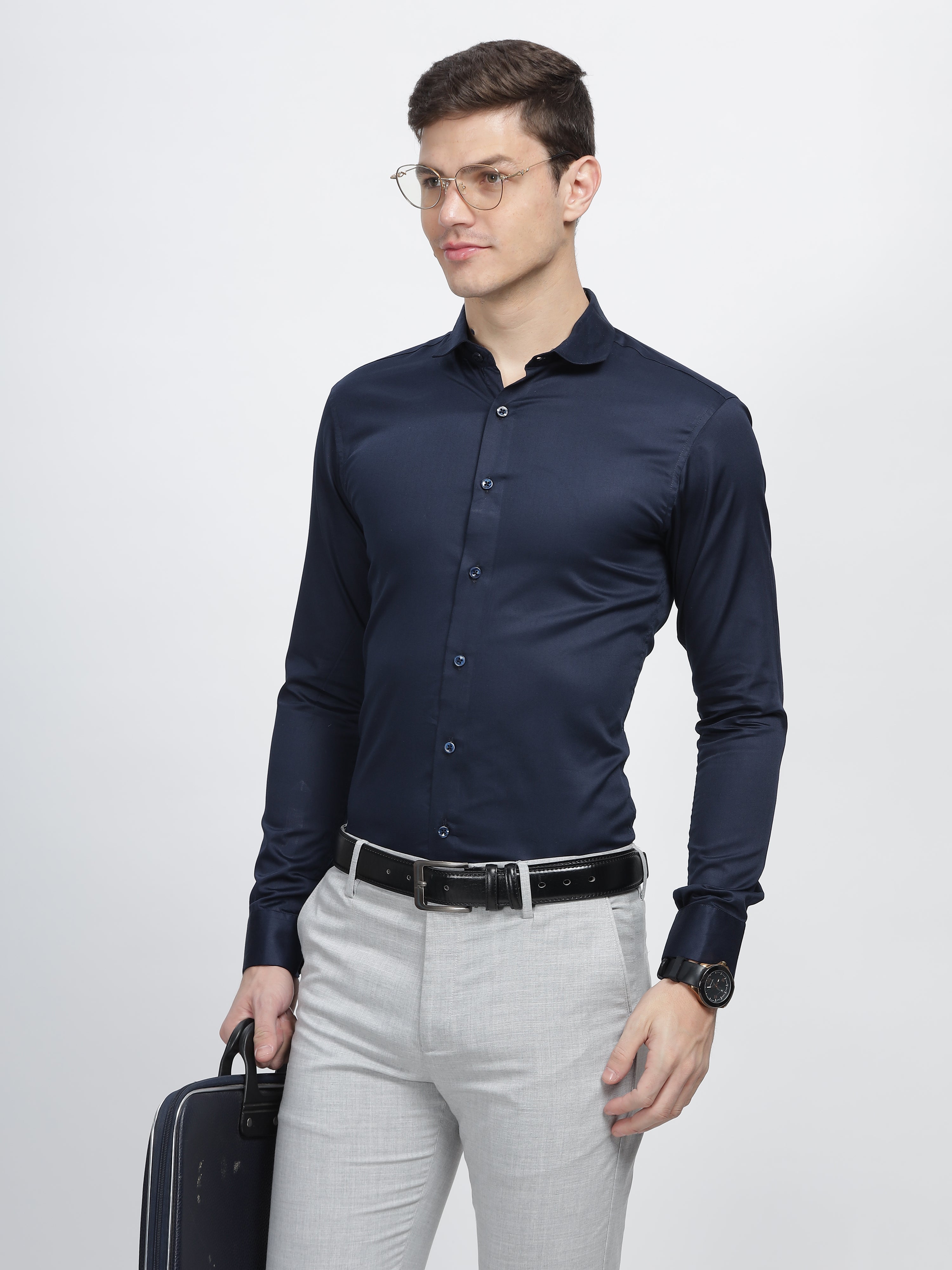 Navy Blue Classic Collar Satin Formal Shirt – Mankright