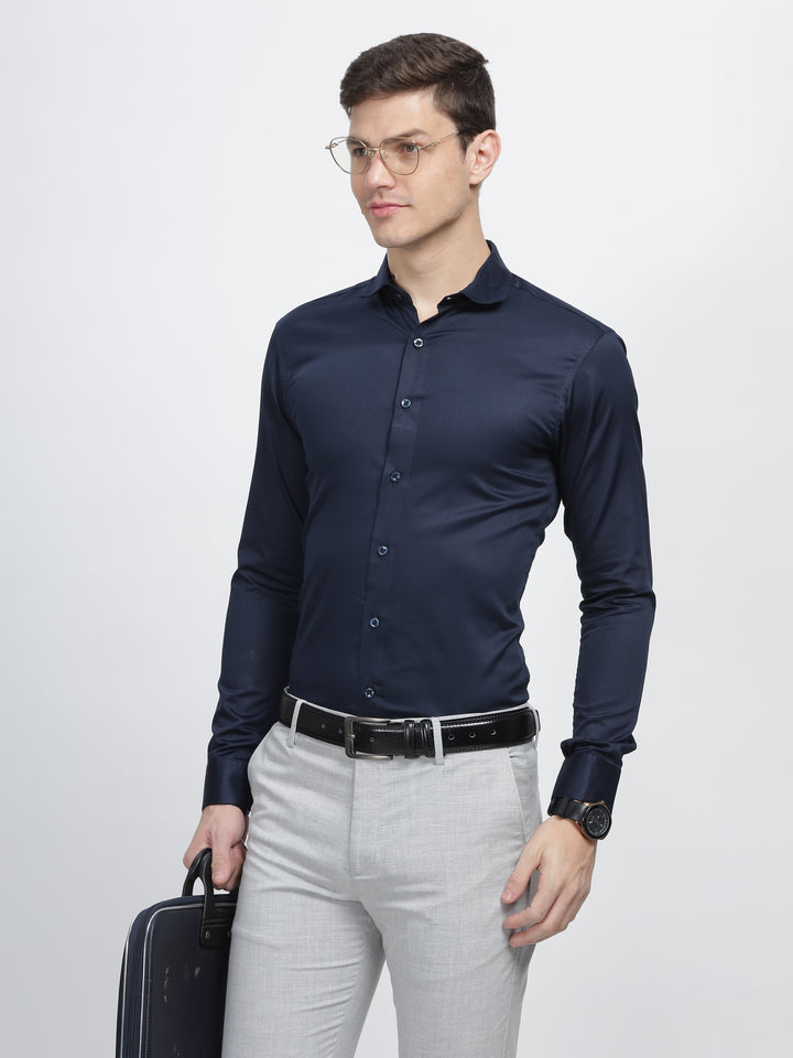 Navy Blue Classic Collar Satin Formal Shirt Mankright