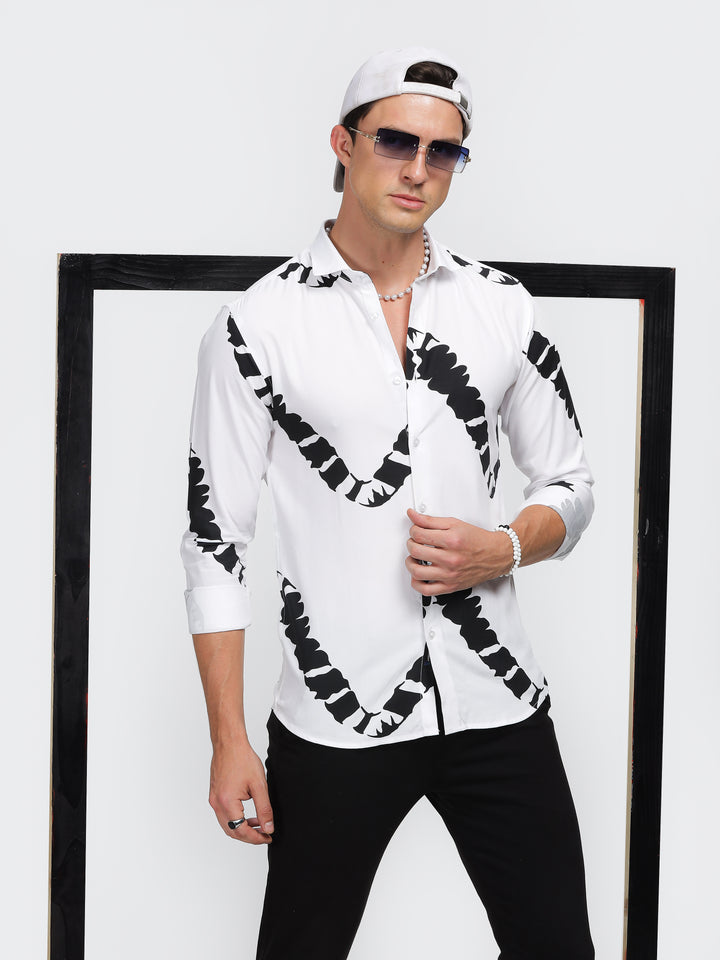 White Viscose Print Classic Collar Shirt Mankright