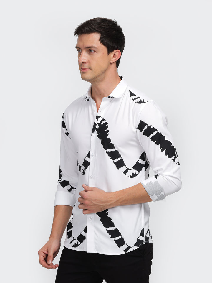 White Viscose Print Classic Collar Shirt Mankright