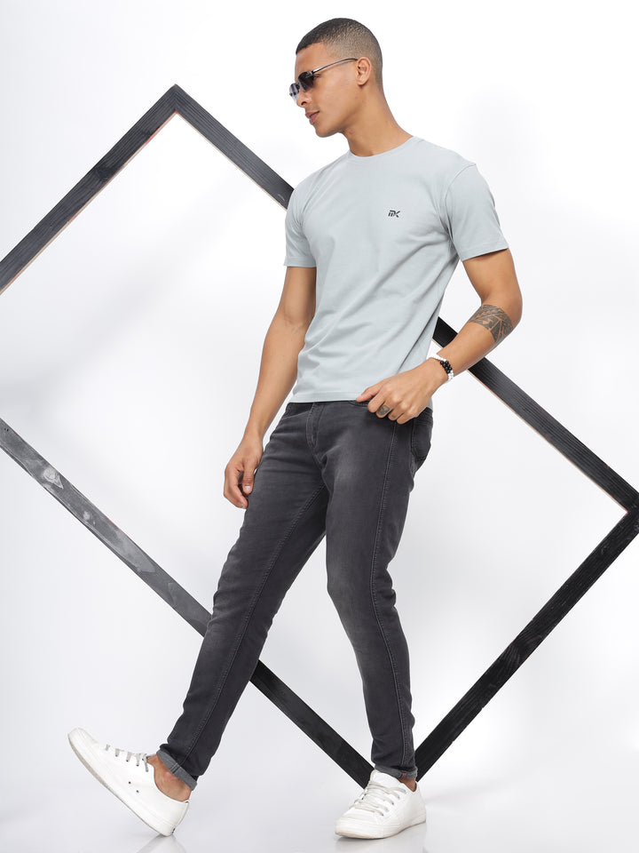 Leo Blue Twill Cotton Round Neck T-Shirt Mankright