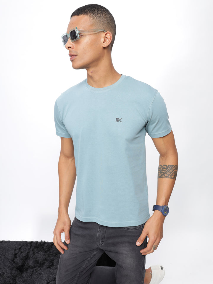 Sky BlueTwill Cotton Round Neck T-Shirt Mankright