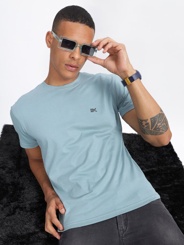 Sky BlueTwill Cotton Round Neck T-Shirt Mankright