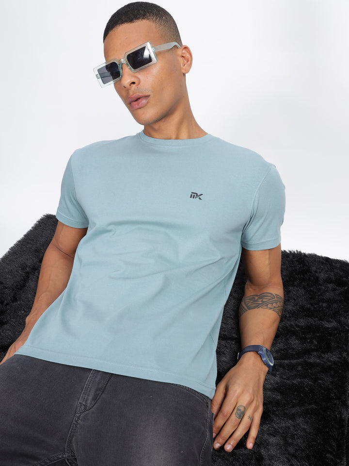 Sky BlueTwill Cotton Round Neck T-Shirt Mankright