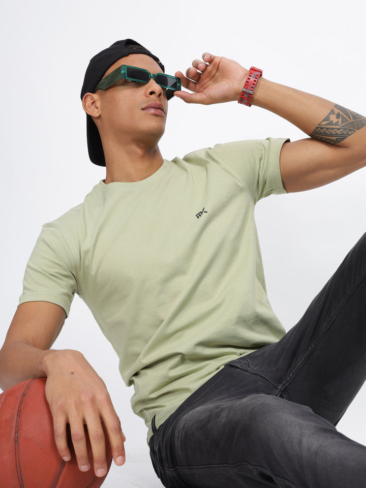 Light Green Twill Cotton Round Neck T-Shirt Mankright