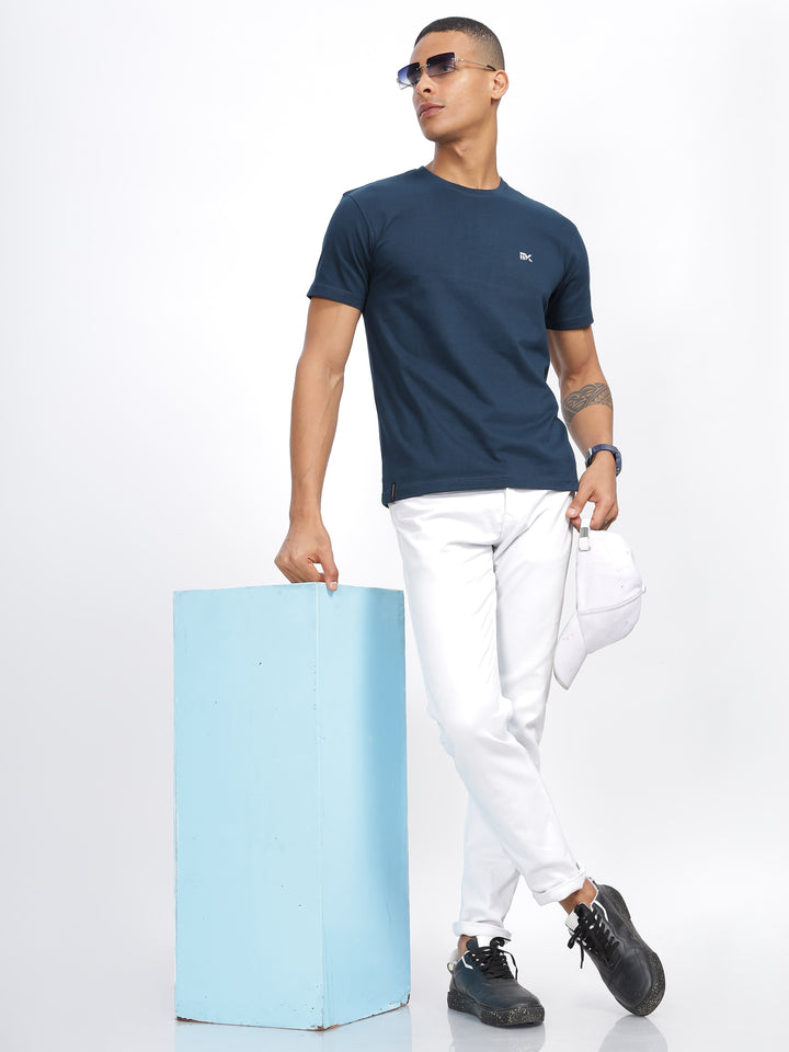 Blue Twill Cotton Round Neck T-Shirt Mankright