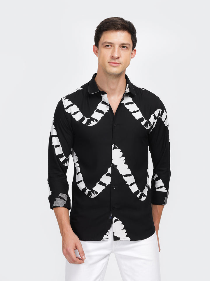 Black Viscose Print Classic Collar Shirt Mankright