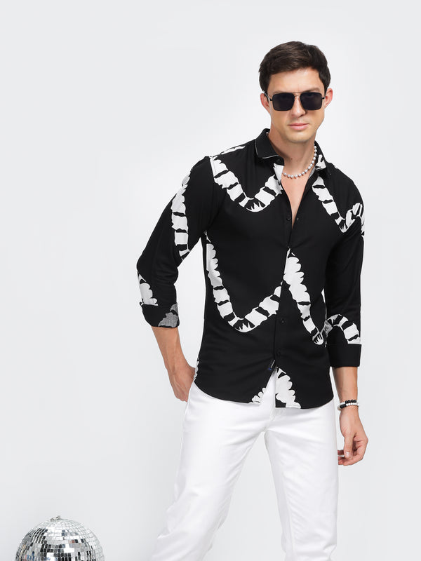 Black Viscose Print Classic Collar Shirt Mankright